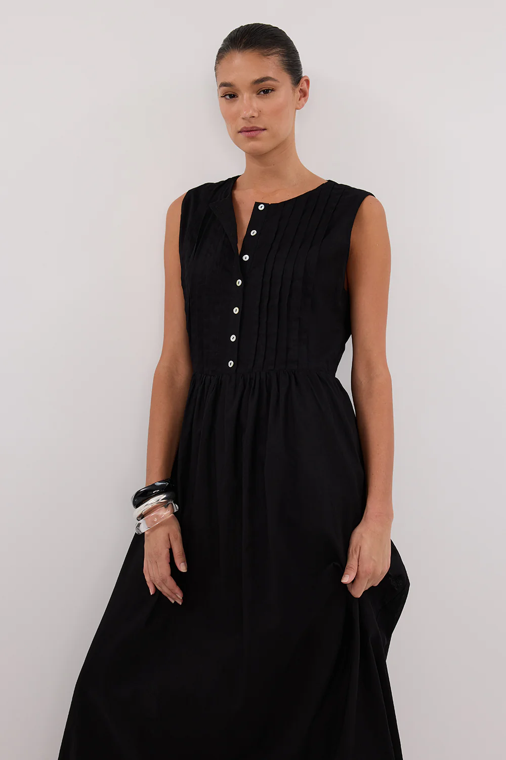 LARS BLACK PINTUCK LINEN MIDI DRESS - Gamepaces