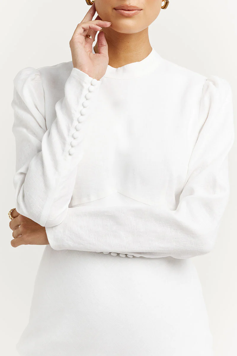 AISLE WHITE LINEN SLEEVE MIDI DRESS - Gamepaces