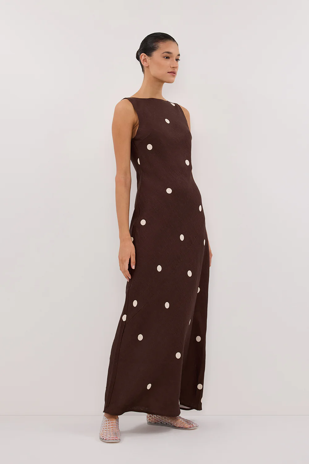 BEVERLY BITTER CHOC SPOT LINEN MIDI DRESS - Gamepaces