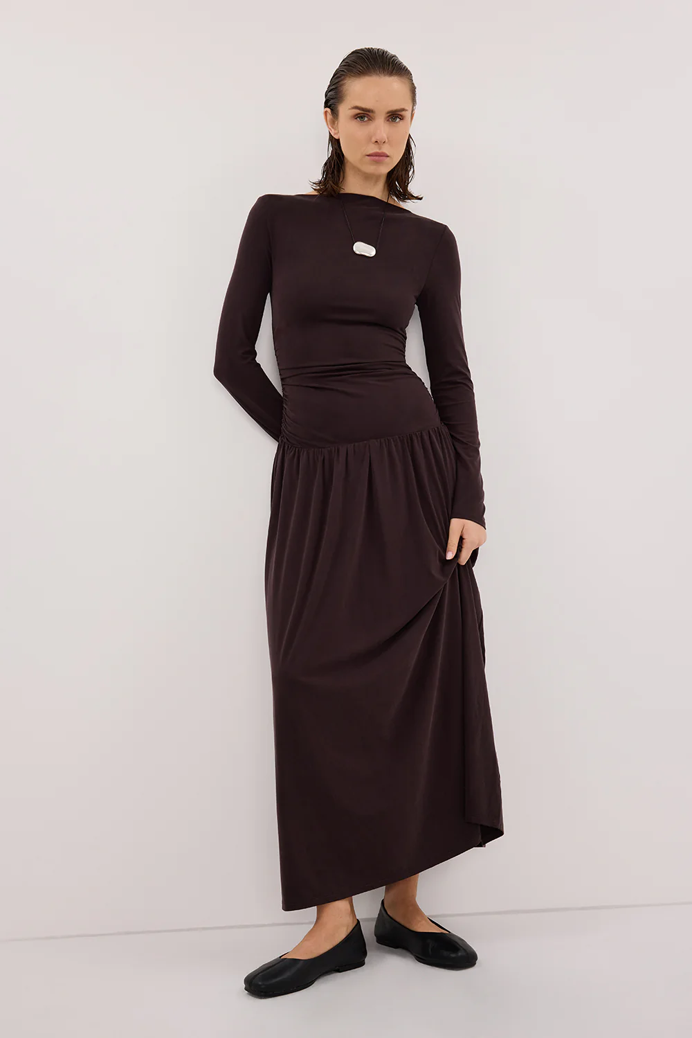 MEG BURNT CHOC LONG SLEEVE KNIT MIDI DRESS - Gamepaces