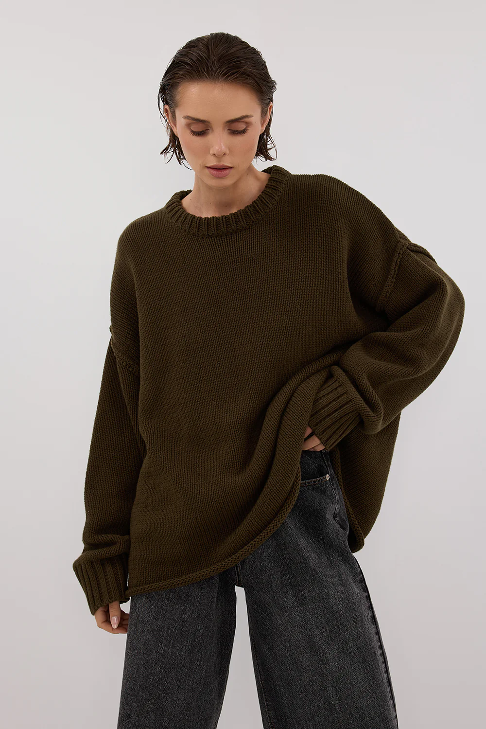 ROY OLIVE OVERSIZED LONGLINE KNIT JUMPER - Gamepaces