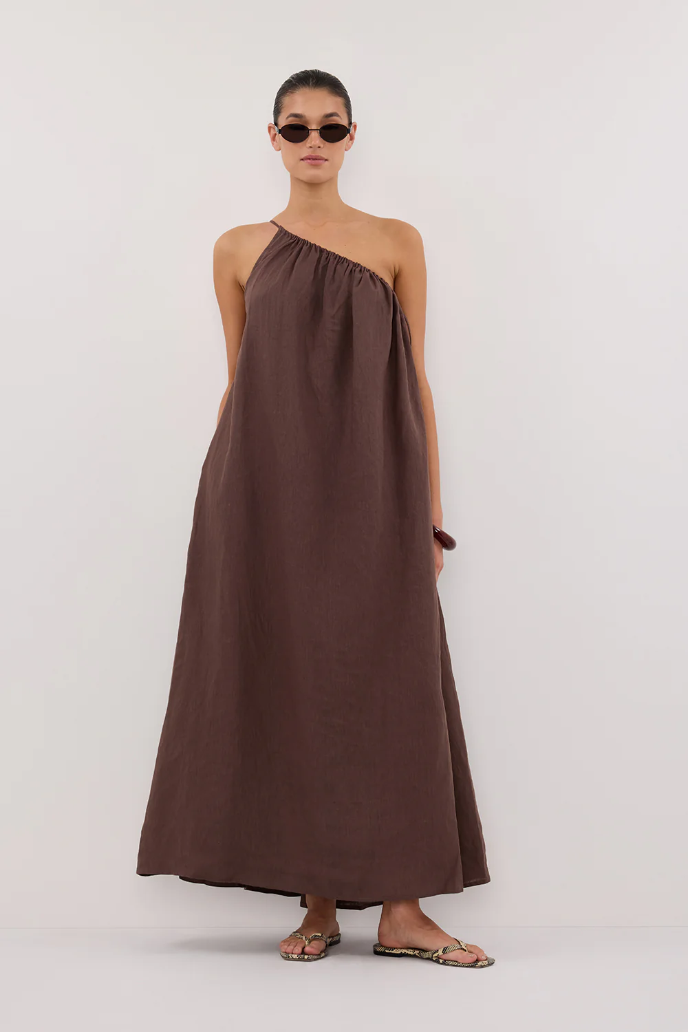 ALMA BITTER CHOC ASYM LINEN MIDI DRESS - Gamepaces