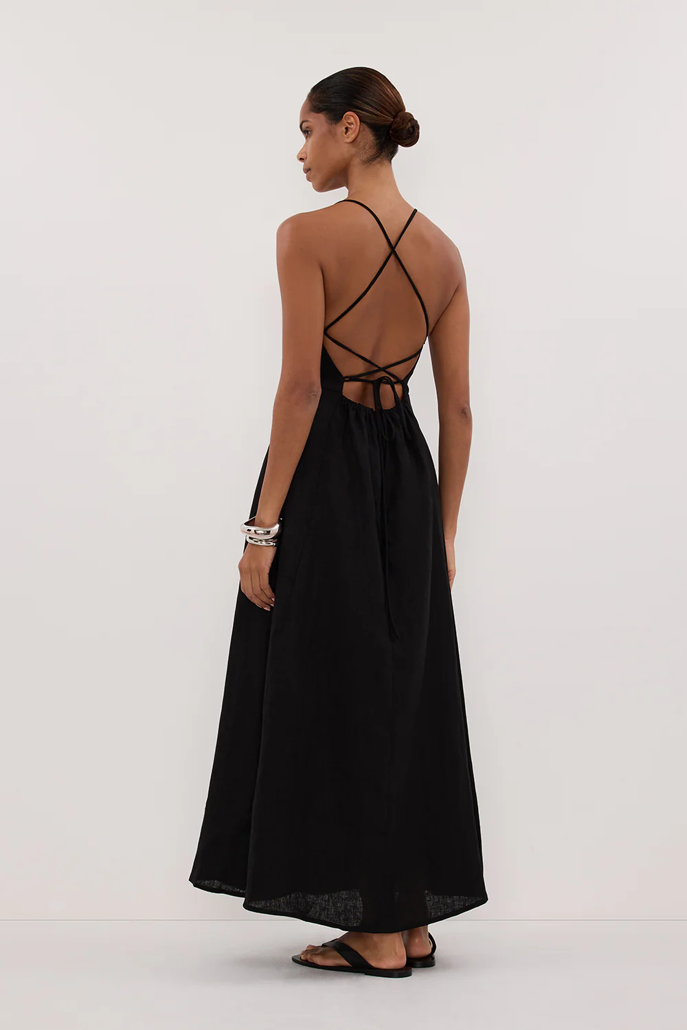 DANIELLA BLACK LINEN TIE BACK MIDI DRESS - Gamepaces