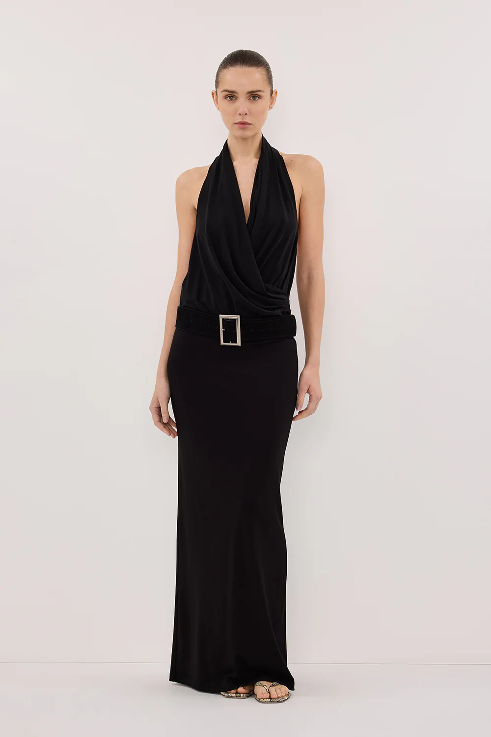 FELICITY BLACK SLEEVELESS HALTER MIDI DRESS - Gamepaces