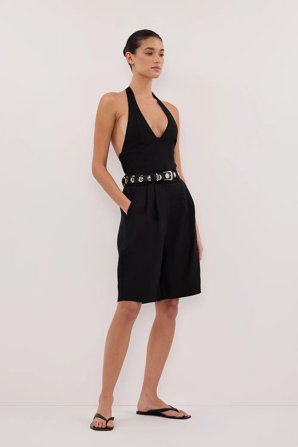 AUDREY BLACK LINEN HALTER TOP - Gamepaces