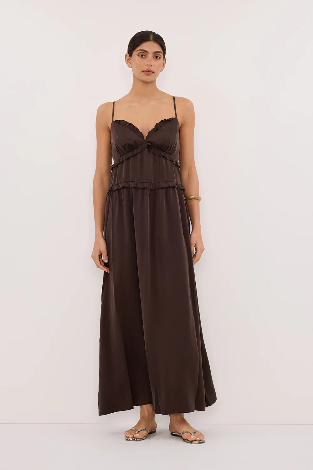 LENA BITTER CHOC SILK SLEEVELESS MAXI DRESS - Gamepaces
