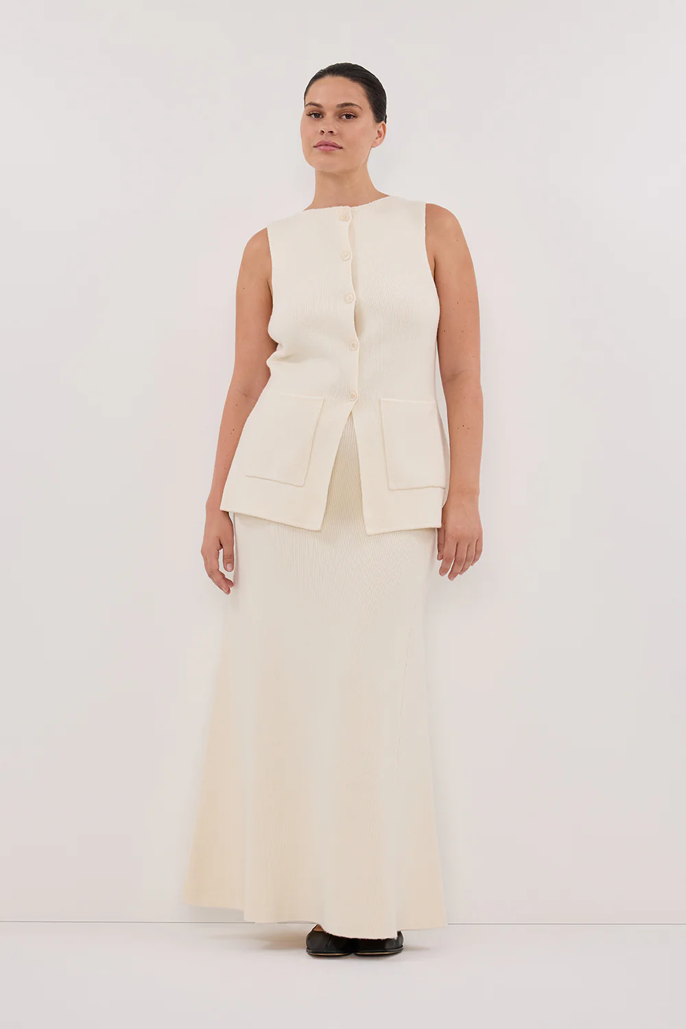 AVA CREAM LONGLINE KNIT MIDI SKIRT - Gamepaces