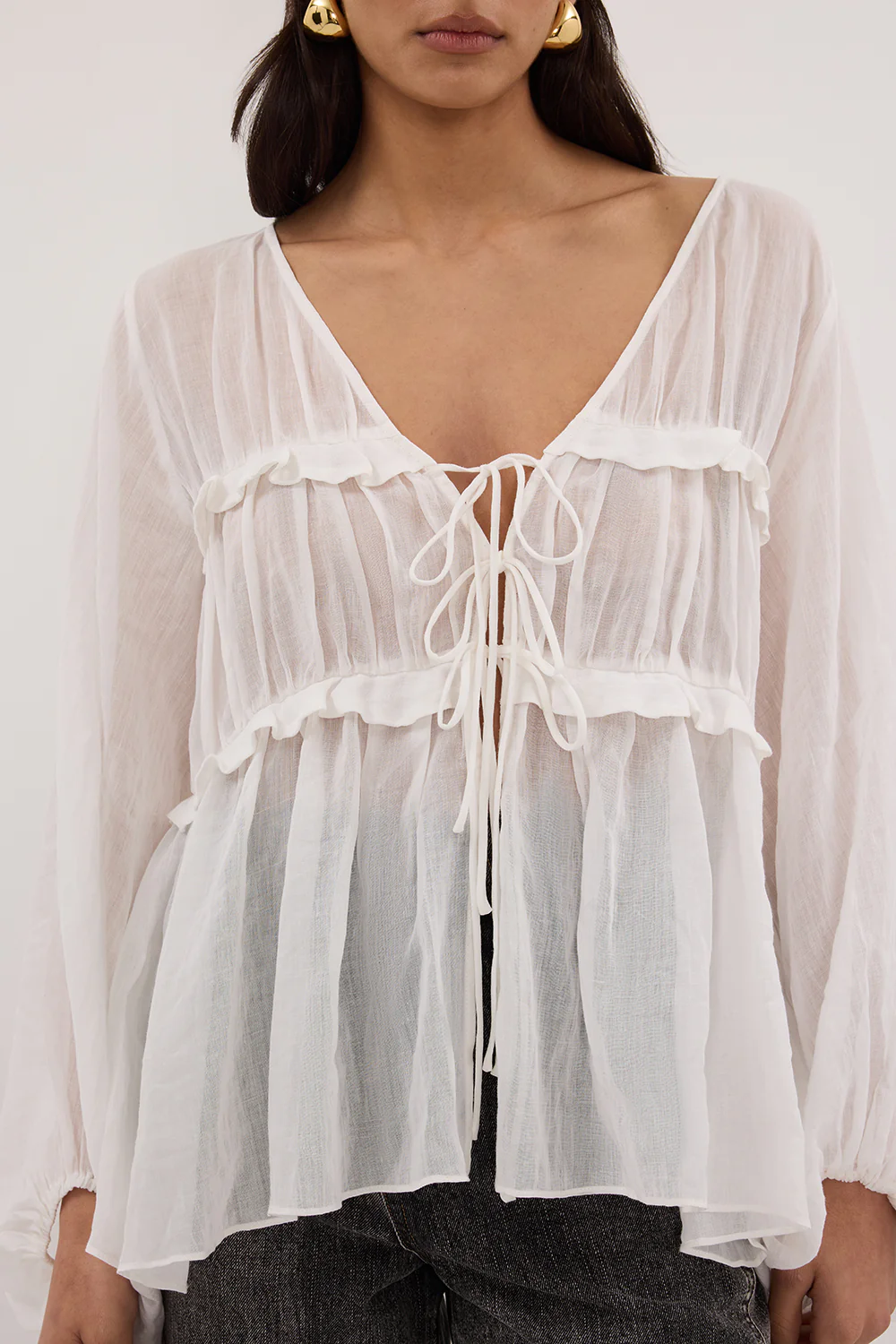 MILA WHITE RAMIE LONG SLEEVE FRILL TOP - Gamepaces