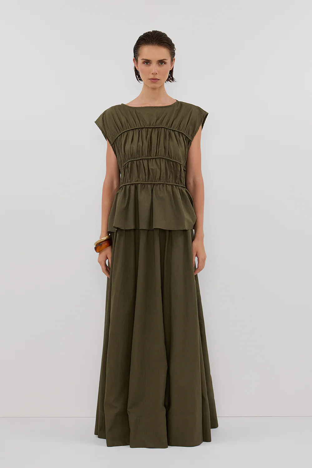 FLYNN OLIVE LINEN BLEND TIERED TOP - Gamepaces