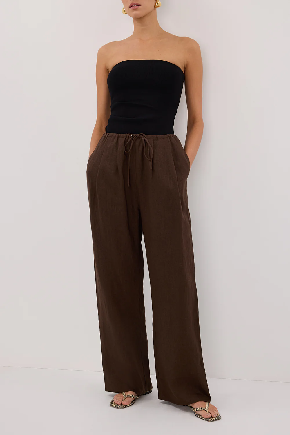 CARLA BITTER CHOC DRAWSTRING LINEN PANT - Gamepaces