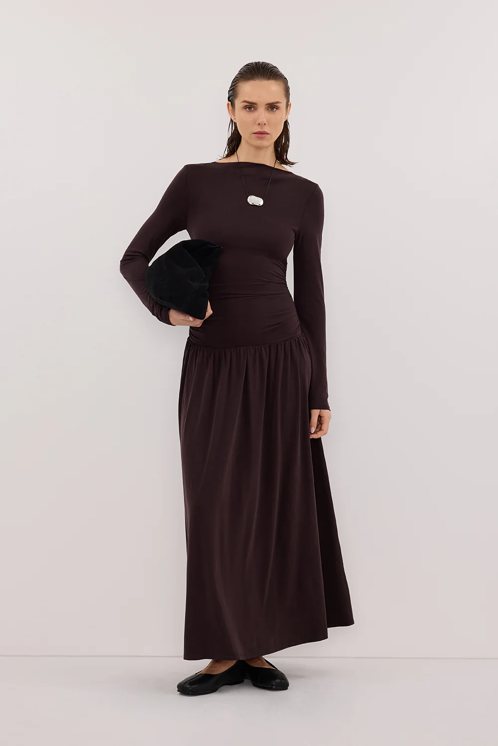 MEG BURNT CHOC LONG SLEEVE KNIT MIDI DRESS - Gamepaces