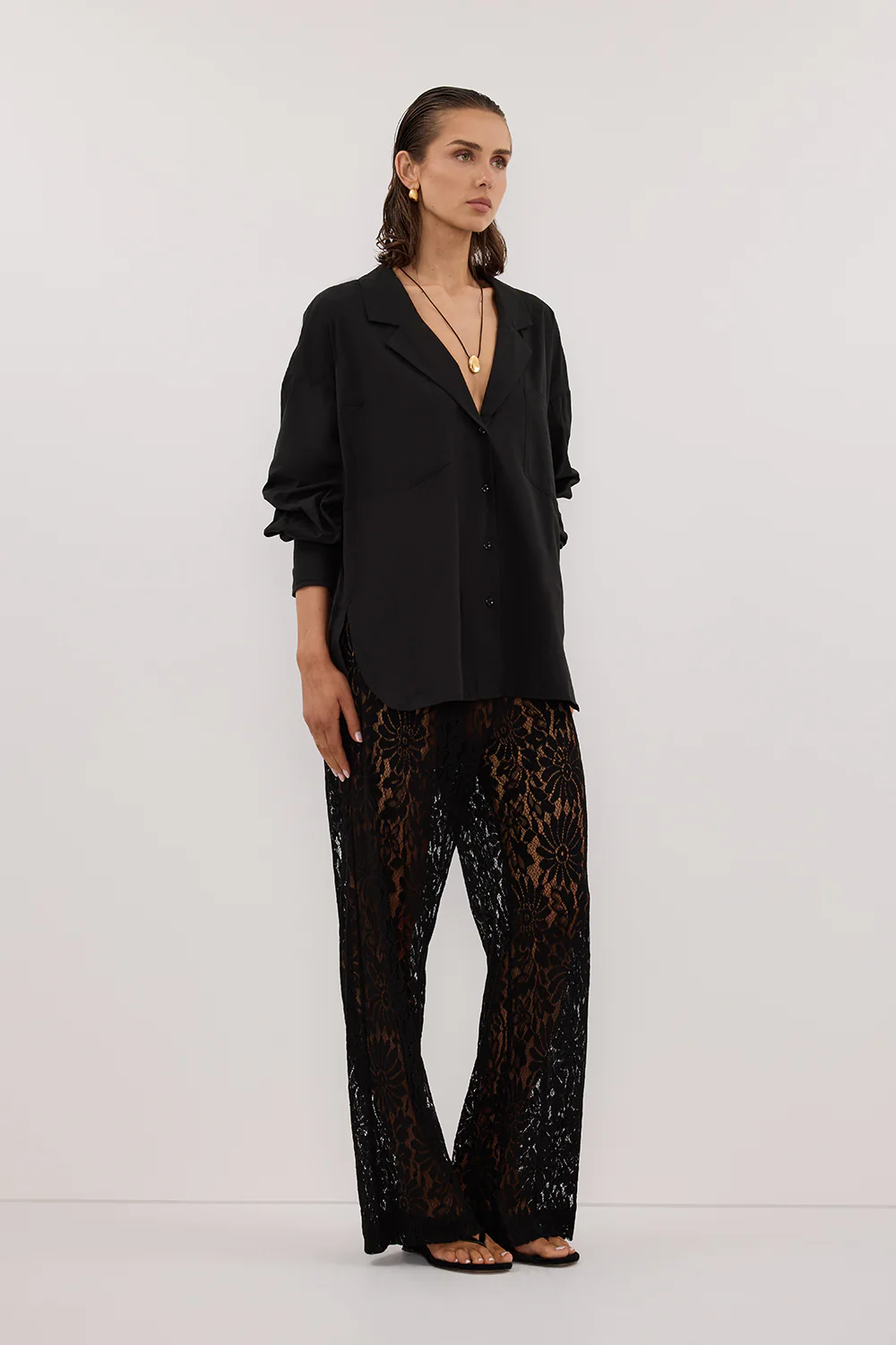 IRENE BLACK LONG SLEEVE NOTCH COLLAR SHIRT - Gamepaces