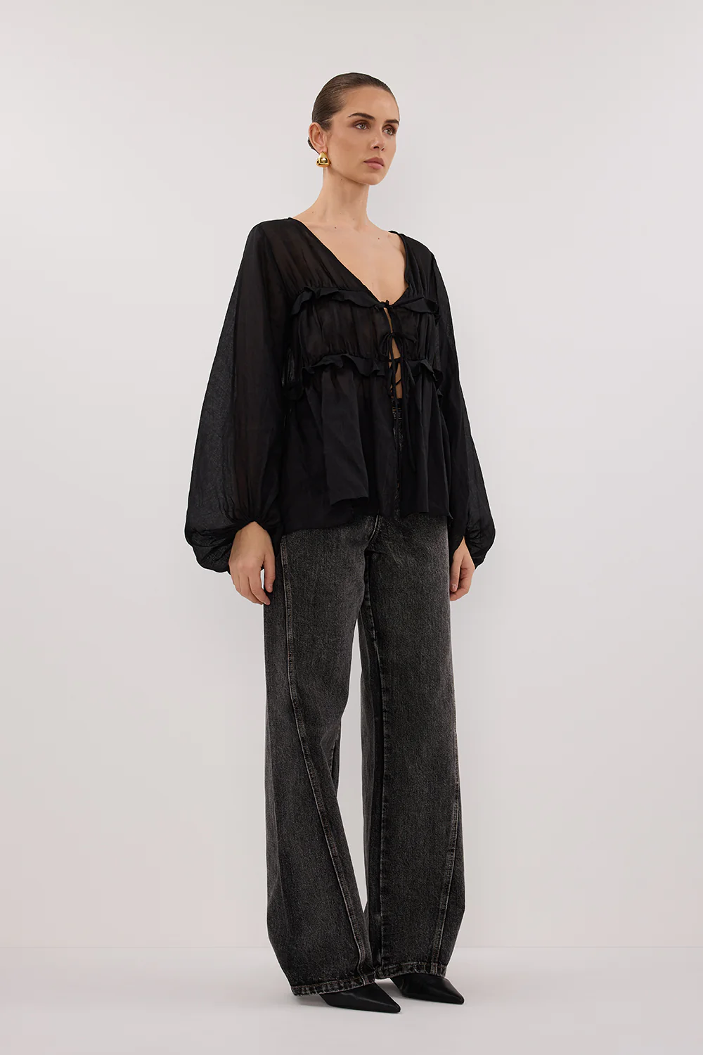 MILA BLACK RAMIE LONG SLEEVE FRILL TOP - Gamepaces