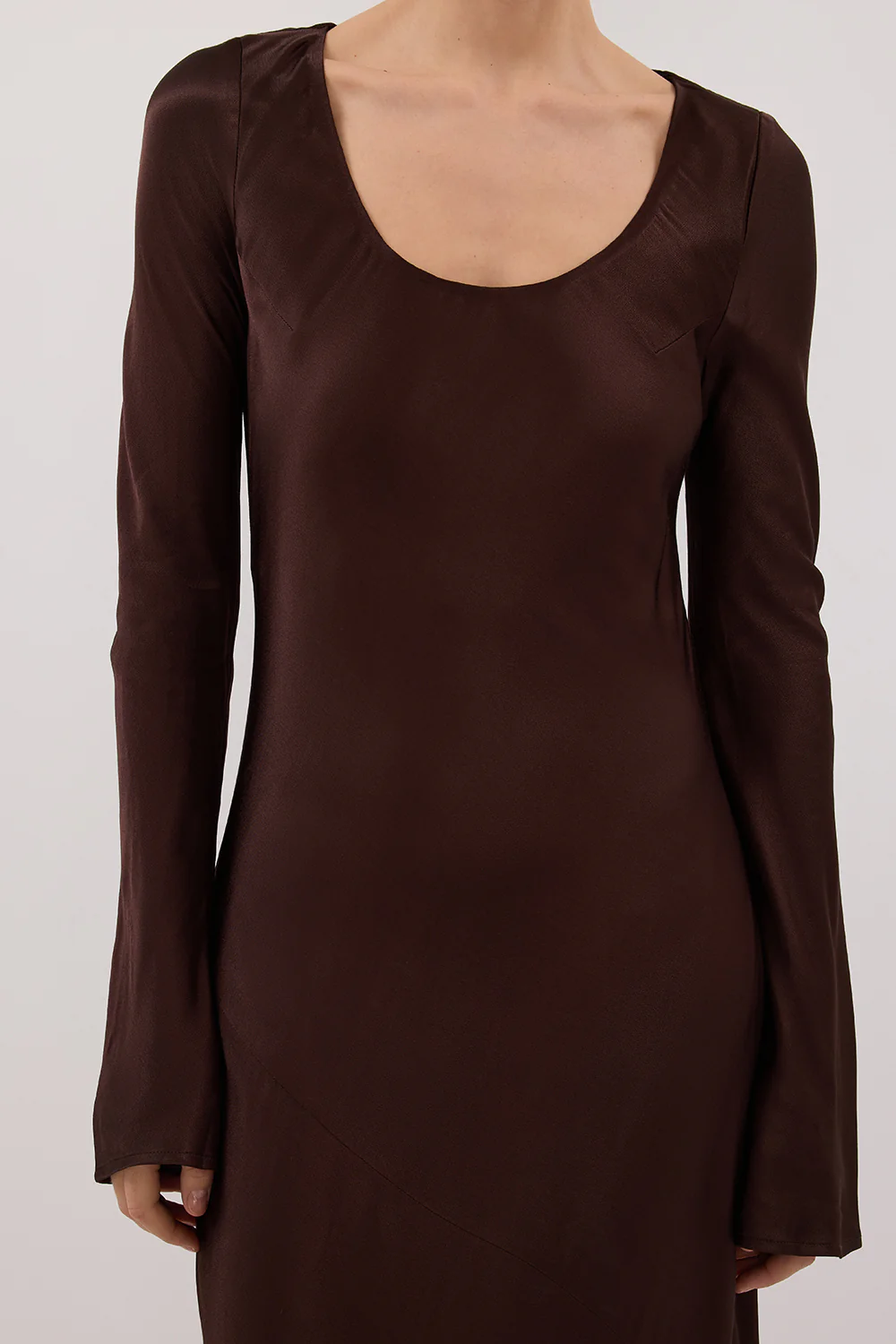 ELOISE BITTER CHOC LONG SLEEVE SATIN MIDI DRESS - Gamepaces