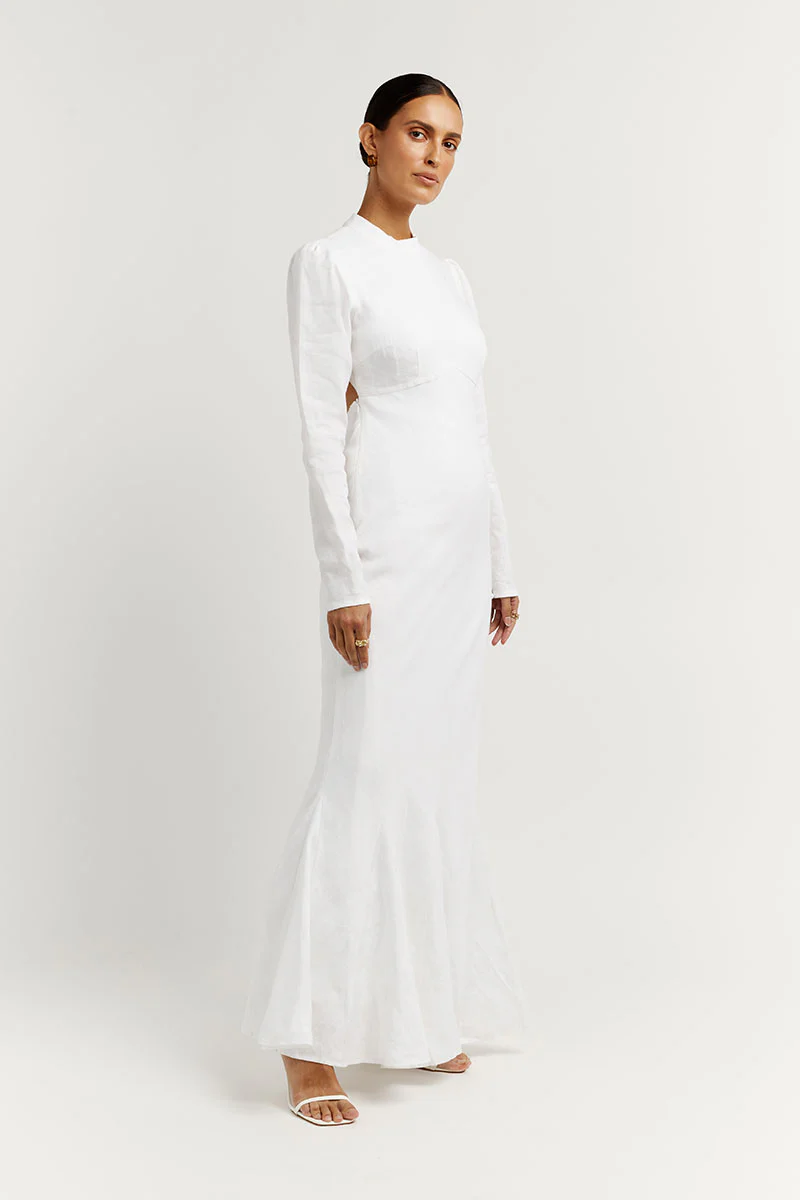 AISLE WHITE LINEN SLEEVE MIDI DRESS - Gamepaces