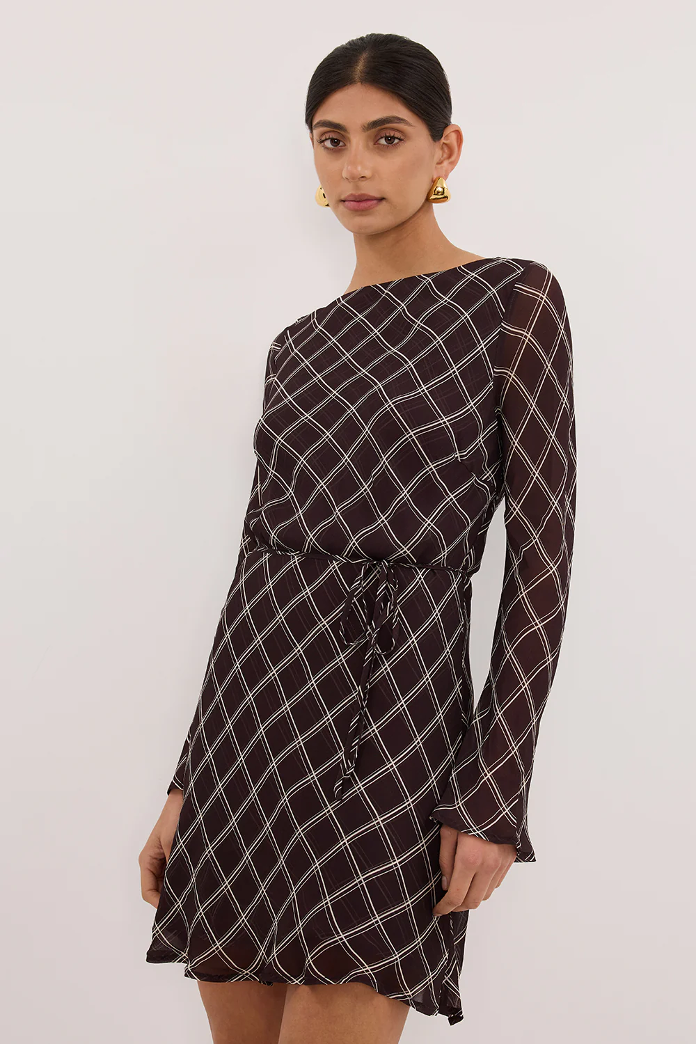 ARLINGTON CHOC LONG SLEEVE BOAT NECK MINI DRESS - Gamepaces