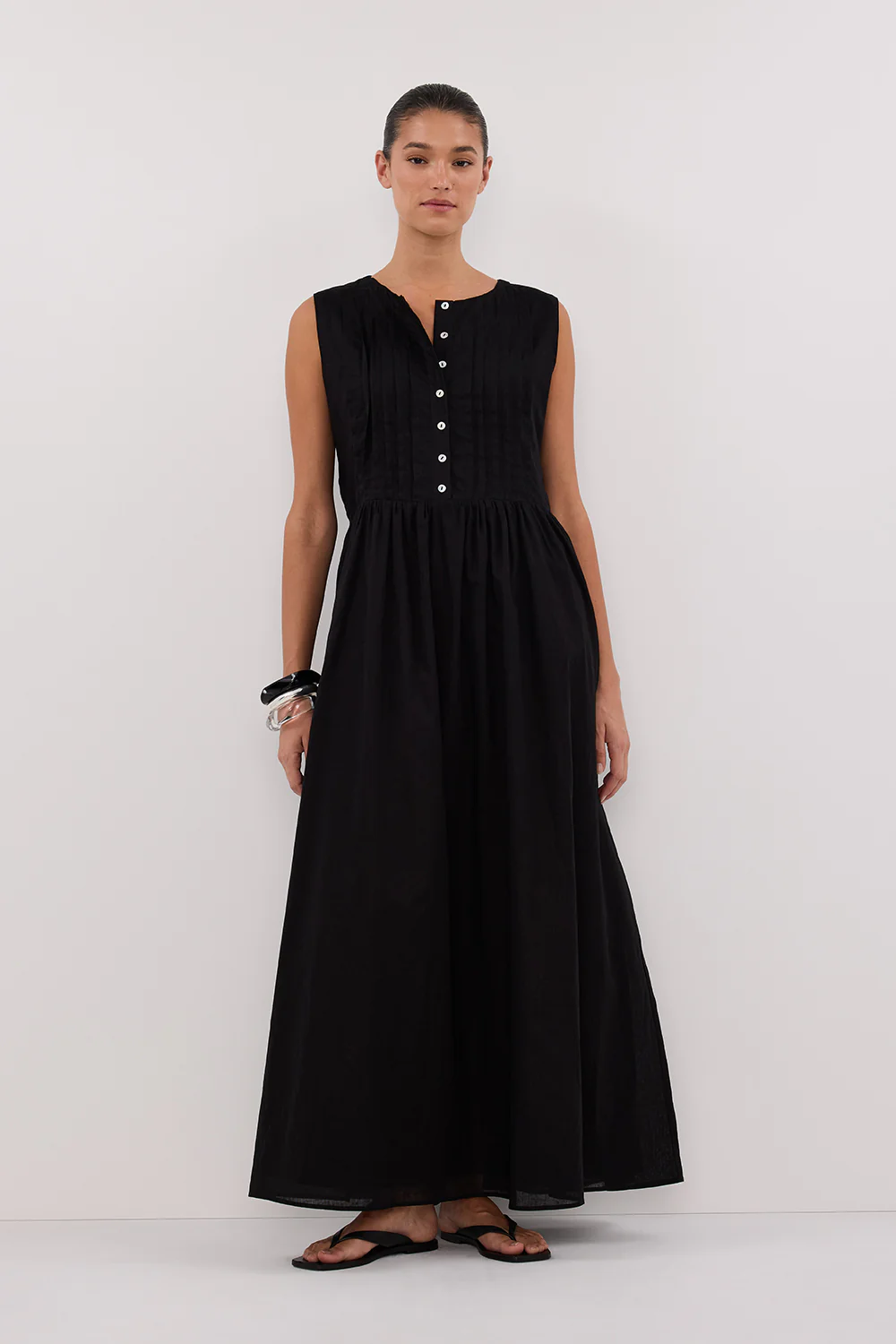 LARS BLACK PINTUCK LINEN MIDI DRESS - Gamepaces