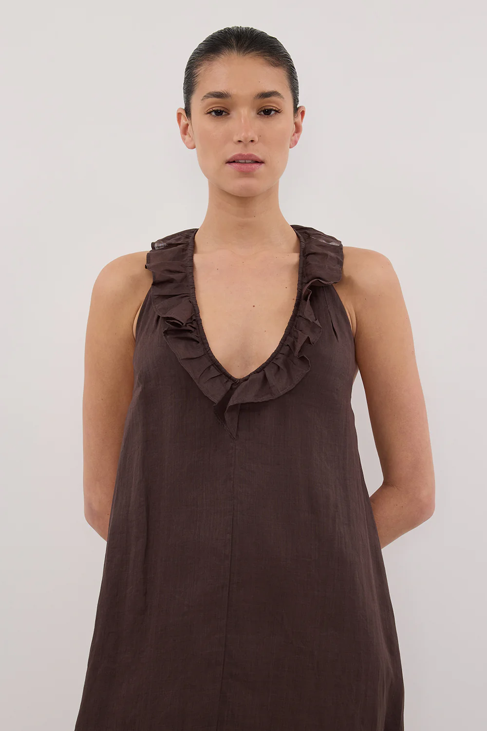 HAZEL DARK CHOC RAMIE SLEEVELESS MIDI DRESS - Gamepaces