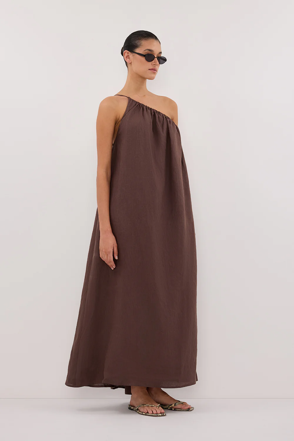 ALMA BITTER CHOC ASYM LINEN MIDI DRESS - Gamepaces