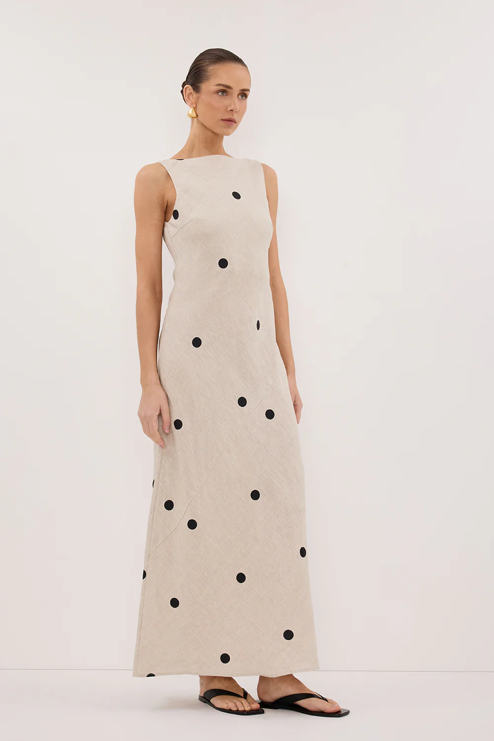 BEVERLY NATURAL SPOT LINEN MIDI DRESS - Gamepaces